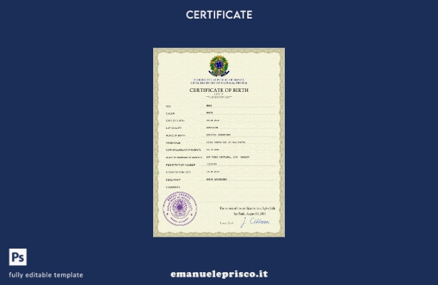 modello PSD del certificato di nascita del documento di stato civile brasiliano 